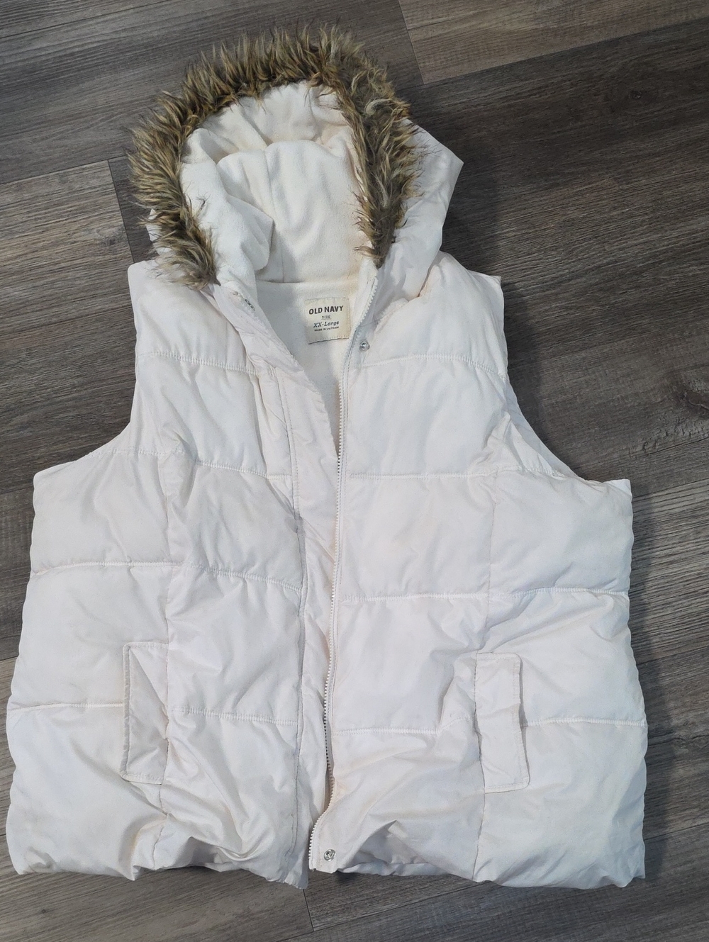 Old Navy Cream Hooded Puffer Vest with Faux Fur Trim